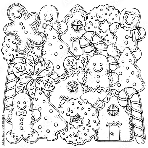 Christmas gingerbread cookies. Coloring book page for adults and children. Black and white.