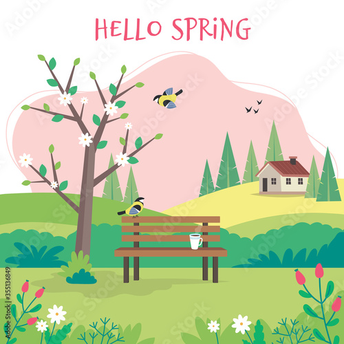 Hello spring, landscape with bench, flourishing tree, house, fields and nature. Cute illustration in flat style