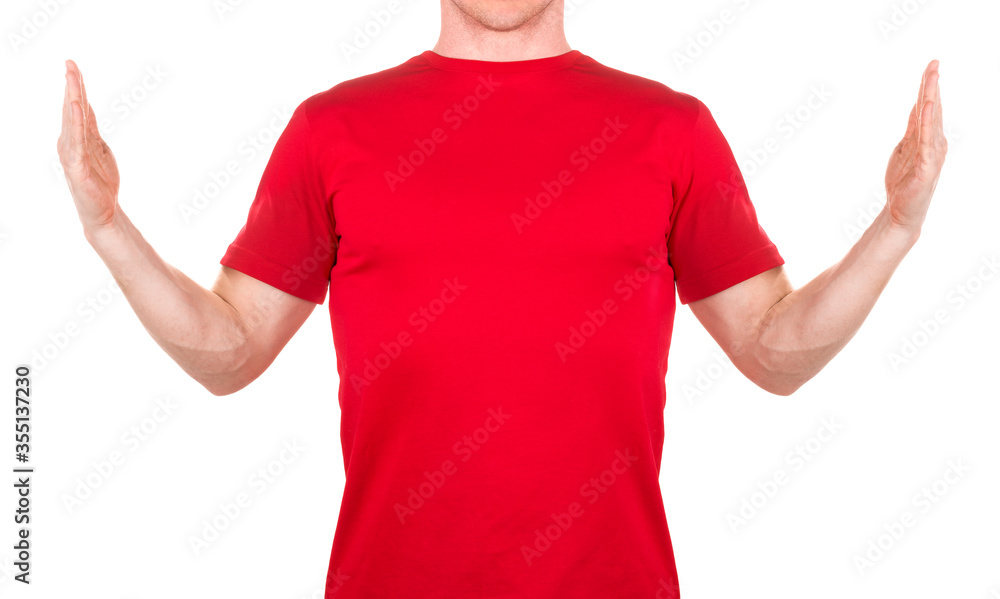 Naklejka premium Front view of confident male in red t-shirt showing about big size of something