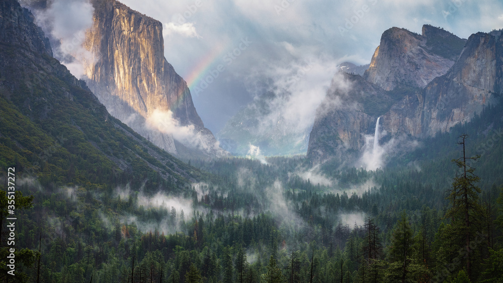 rainbow at the tunnel view in yosemite national park in california, usa