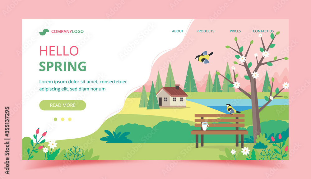 Hello spring landing page design template. Landscape with bench, houses, fields and nature. Cute illustration in flat style