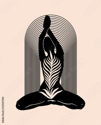 Vector hand drawn illustration of  sitting woman with palm leaf. Tattoo artwork. Template for card, poster, banner, print for t-shirt, pin, badge, patch.