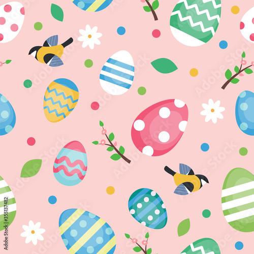 Easter pattern with decorated eggs, flowers, leaves and birds. Cute illustration in flat style