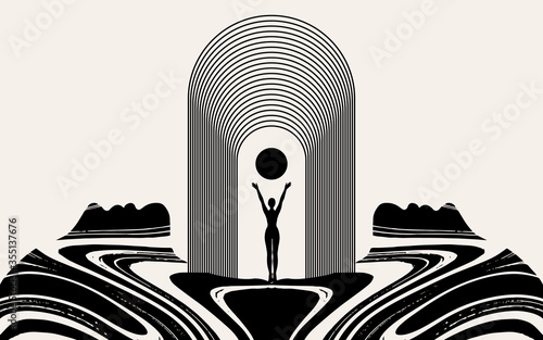 Vector hand drawn illustration of girl with huge female face isolated. Tattoo surrealistic artwork. Template for card, poster, banner, print for t-shirt, pin, badge, patch.
