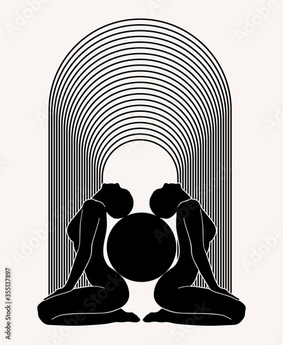 Vector hand drawn illustration of sitting girls with ball isolated. Tattoo artwork. Template for card, poster, banner, print for t-shirt, pin, badge, patch.