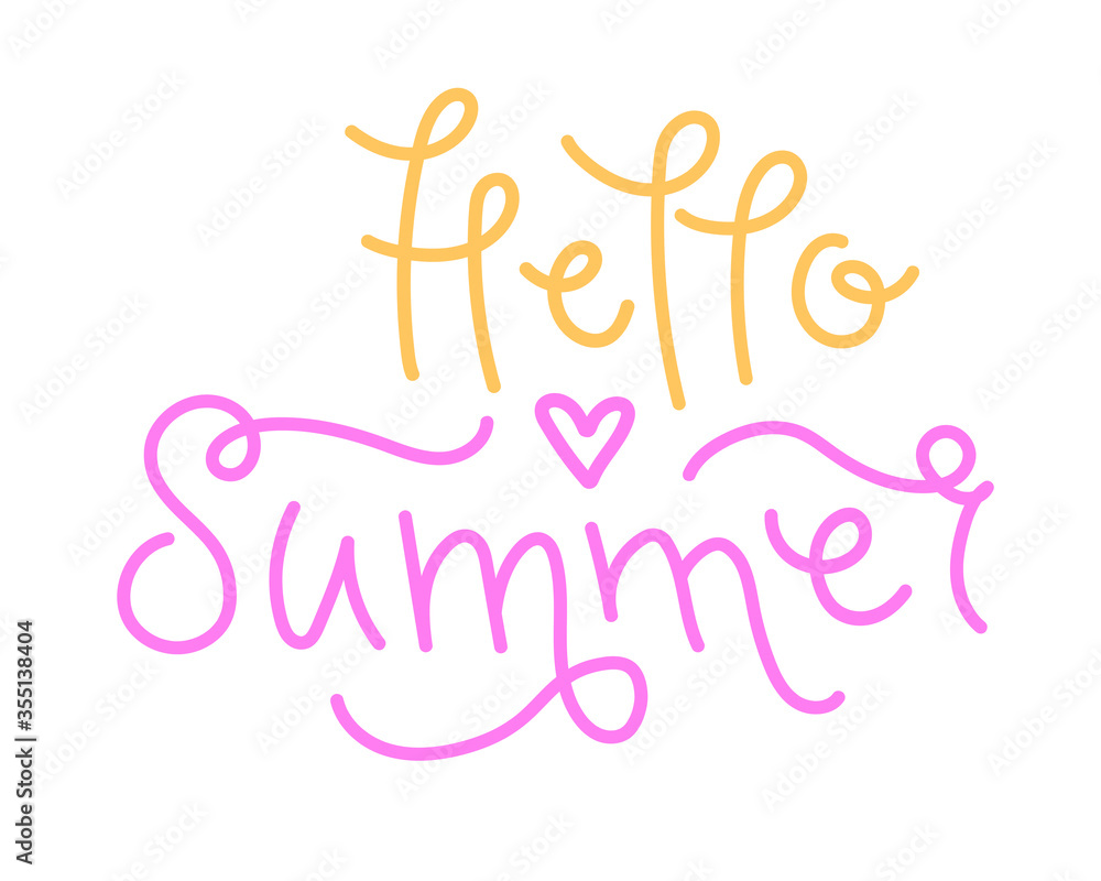 Hello summer handwritten lettering template. Vector seasonal phrase isolated on white background. Typography design for sticker, card, poster, web, banner, print. Hello summer handwritten lettering template. Vector seasonal phrase isolated on white background. Typography design for sticker, card, poster, web, banner, print.