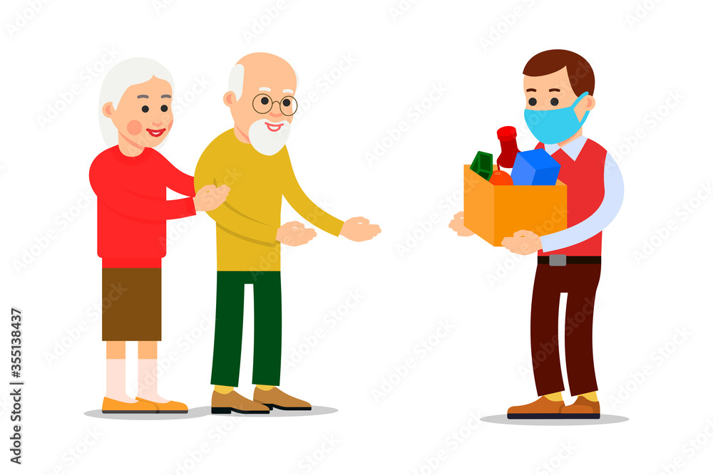 Young man volunteer in medical mask brought package of food to an elderly couple. Concept of charity and support for the elderly during pandemic virus. Isolated flat illustration on white background