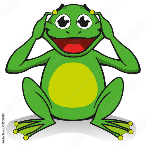 Illustration of a frog sitting with hands on his head, surprised, desperate. Ideal for educational and cultural materials