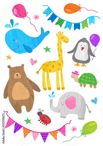 Fototapeta Naklejka Na Ścianę i Meble -  Drawings of animals for children. Vector animals drawn in kid's style. Whale, giraffe, penguin, turtle, bear, ladybug, elephant.