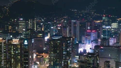 Wallpaper Mural Arial time-lapse from the top  angle of view  flying over Seoul busy district at night Torontodigital.ca