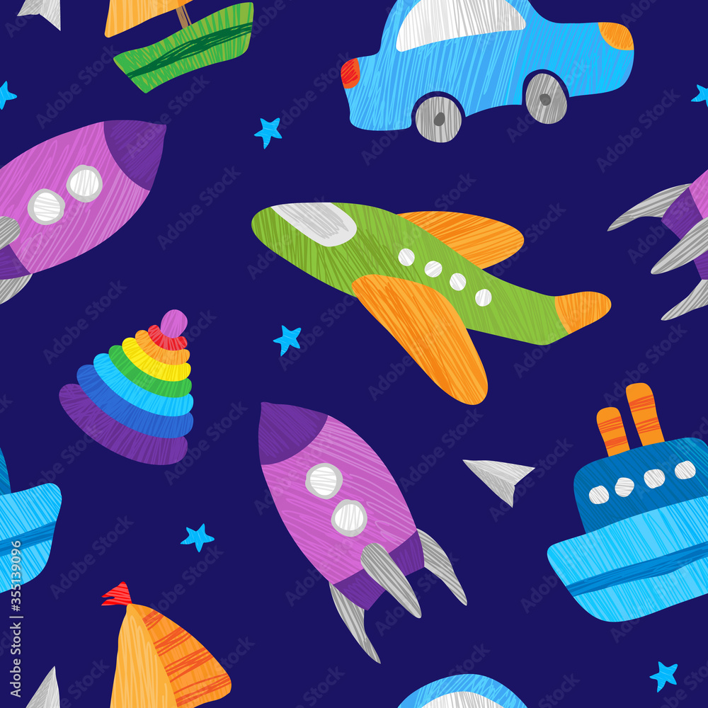 Obraz premium Children's vector seamless background for photozone, wallpaper or posters and cards. Toy plane, ship, rocket, car. 