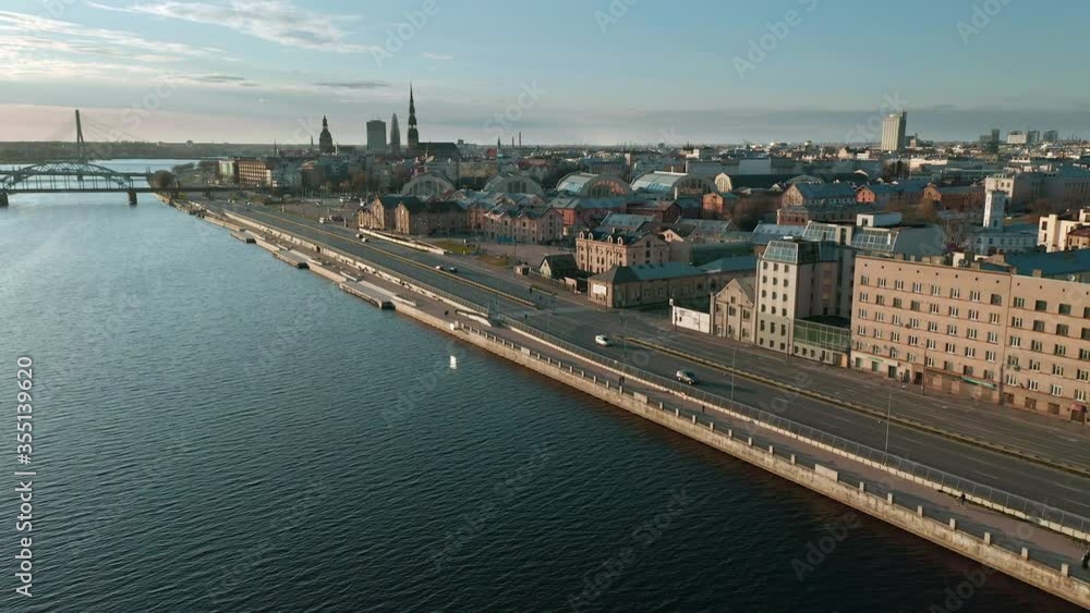Drone flight Riga shore view city panorama Drone flight Riga shore view city panorama