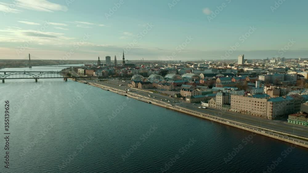 Panorama view Riga drone closing to city Panorama view Riga drone closing to city
