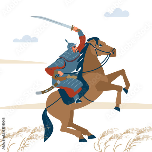 Nomad mongol man riding brown horse in steppe holding sword attacking. Central Asian warrior horseman, ready to attack in battle. Isolated vector illustration in flat cartoon style