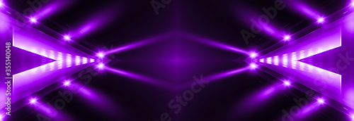 Abstract dark background, neon rays and lines of ultraviolet light. Laser show, empty neon scene. Neon, spotlights, vertical reality. Night view, symmetrical reflection and perspective.