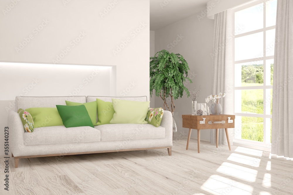 Fototapeta premium White stylish minimalist room with sofa and summer landscape in window. Scandinavian interior design. 3D illustration