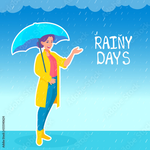 A woman forecaster standing under the rain, holding an umbrella, showing something by a hand. Rainy weather forecast. A girl presenter.