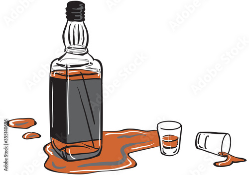 whisky bottle and shot glasses. a whisky bottle and two shot glasses with some whisky spilled around them.