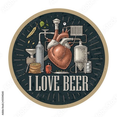Brewery process on factory beer with tanks, burner, heart engraving