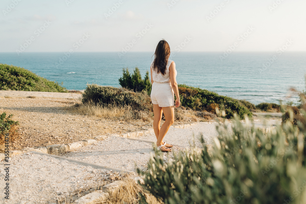 girl walks along the sea. back view. A woman alone on the sea shore admires the evening landscape. High quality photo