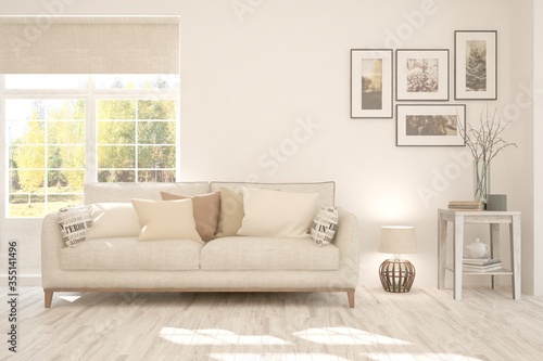 White stylish minimalist room with sofa and autumn landscape in window. Scandinavian interior design. 3D illustration