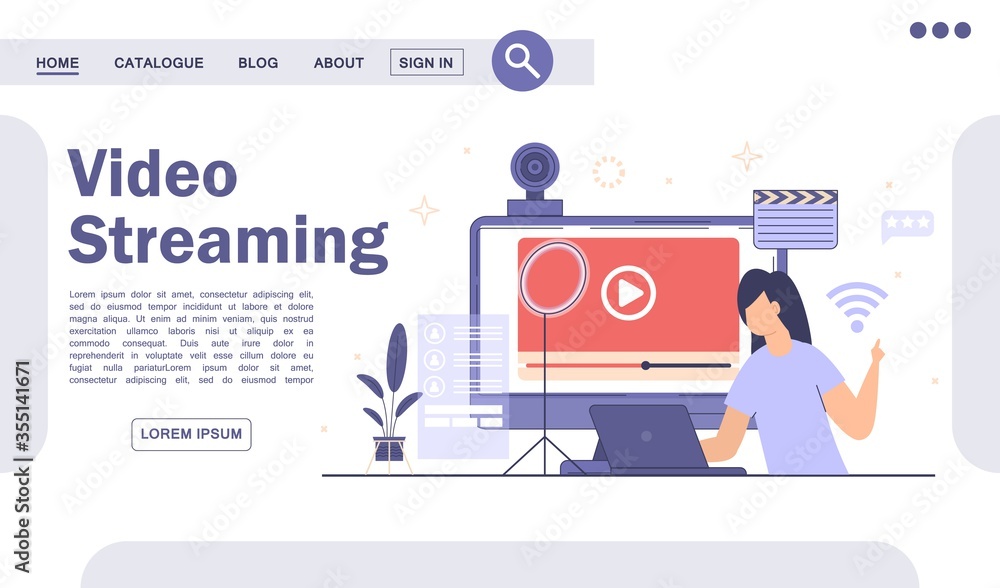 Live streaming, broadcast concept. Video podcast blogging landing page. Live streaming, broadcast concept. Video podcast blogging landing page.