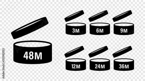 Pao signs. Pao icons. Cosmetic open month life shelf. Period after opening. Expiration period months PAO. Symbols set. Vector illustration