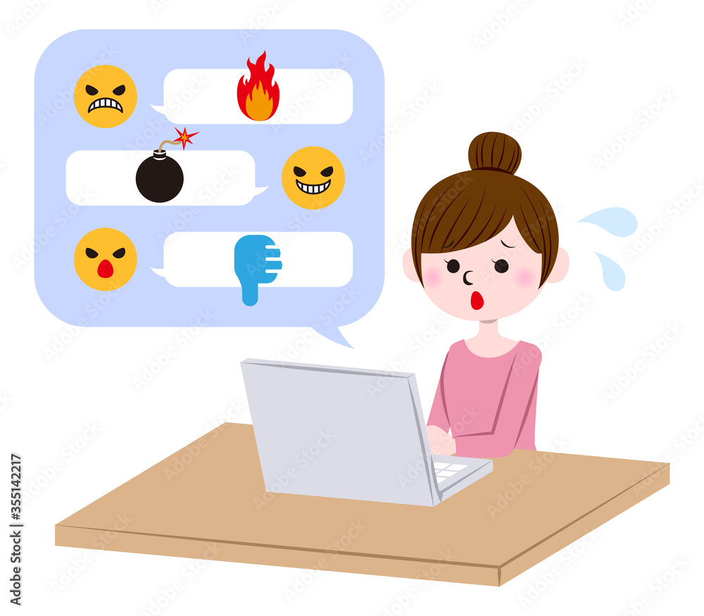 Illustration of a woman who is confused by cyberbullying and flaming Illustration of a woman who is confused by cyberbullying and flaming
