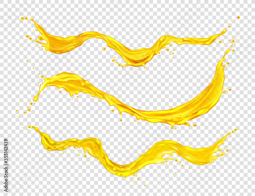 Orange juice splashes, horizontal streams liquid yellow drink with drops. Tropical fruit beverage, elements for advertising or package design. Fresh splashing and flowing jets, realistic 3d vector set