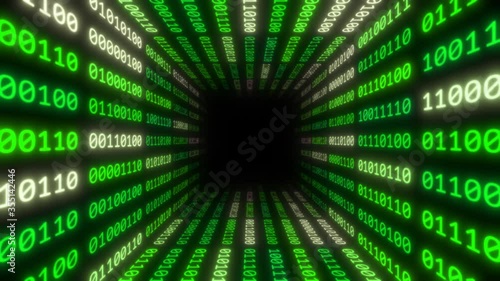Digital communication concept using 8bit binary computer code numbers. 3D green flowing data glow tunnel room 4K pattern animation.