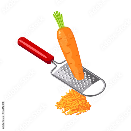 Grate carrot with grater. Healthy food preparation. Vector illustration cartoon flat icon isolated on white background.