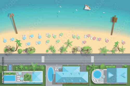Map of the beach with houses (view from above).
Summer holiday. Umbrellas and lounge chairs on the beach. (nobody here)
Coastline with buildings, trees, umbrellas (top view).