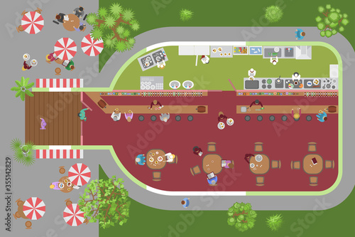 Vector illustration. Restaurant in the form of a bottle. (top view) 
The restaurant hall, bar, kitchen, tables, visitors, waiters, cooks, umbrellas. (view from above) 