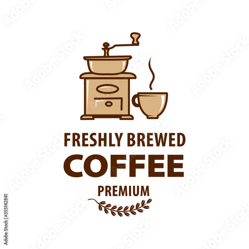 Design element of a steaming cup of fresh full roast coffee logo alongside an old retro mechanical coffee grinder in shades of brown isolated on white