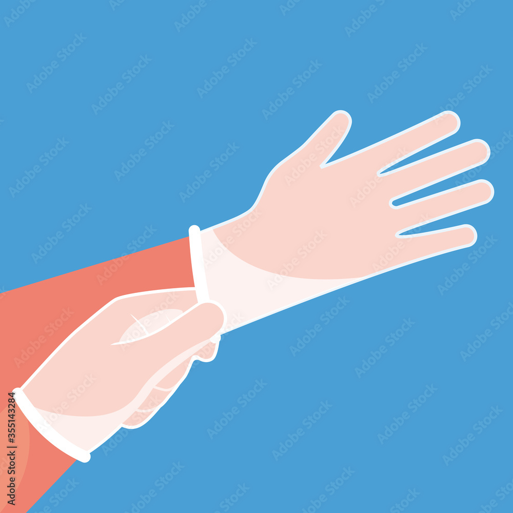 Putting on gloves. Protective latex white transparent gloves. Symbol of protection against viruses and bacteria. Precaution icon. Vector illustration flat design. Isolated on blue background.