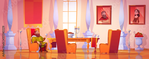 King holding goblet sitting at table with food, utensil and meal in castle dining room. Medieval palace interior with royal family portraits, furniture and marble pillars, Cartoon vector illustration