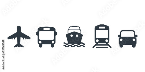 Transport icons. Airplane, Public Bus, Train, Ship, Ferry and Auto Sign. Delivery symbol. Airmail Delivery Sign. Vector