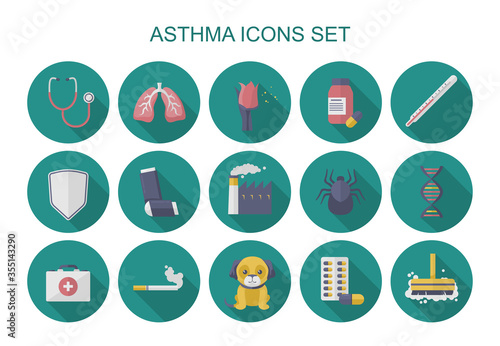 Bundle of asthma flat circle icons with long shadow. Collection of asthma related illustration. Vector.