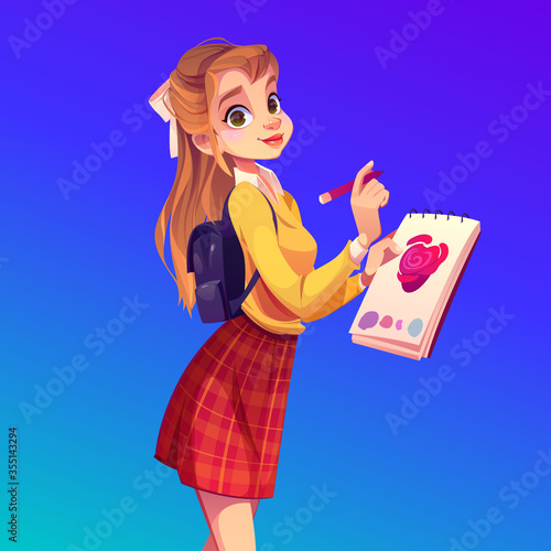 Woman painter with notebook and pencil. Girl student drawing pink heart in album. Vector cartoon teenage girl with ponytail, backpack, paper and marker. Woman create sketch for hobby, study or job