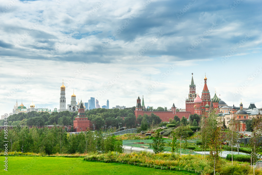 Summer view of the Moscow Kremlin from the Zaryadye park.