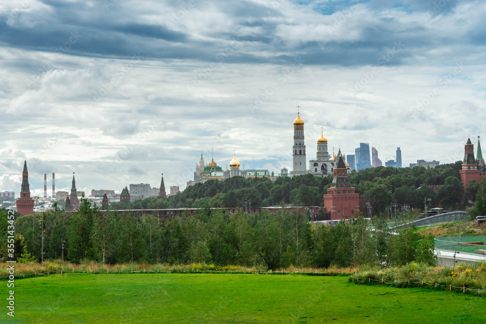 Summer view of the Moscow Kremlin from the Zaryadye park.