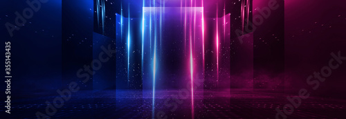 Background empty show scene. Ultraviolet dark abstract background. Geometric neon shapes  neon glow  blue and pink lighting. Night view  symmetrical reflection and perspective. Laser show  empty neon 