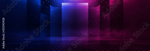 Background empty show scene. Ultraviolet dark abstract background. Geometric neon shapes  neon glow  blue and pink lighting. Night view  symmetrical reflection and perspective. Laser show  empty neon 