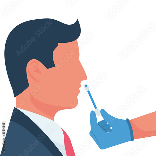Nasal swab laboratory test. Study of patients. Diagnosis of coronavirus COVID-19. Doctor in medical gloves takes an analysis from a person s nose. Hospital lab. Person express test. Vector flat.