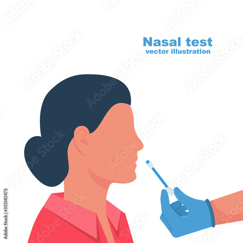 Nasal swab laboratory test. Research of patients. Diagnosis of coronavirus COVID 19. Doctor in medical gloves takes an analysis from a person s nose. Hospital lab. Person express test. Vector flat.