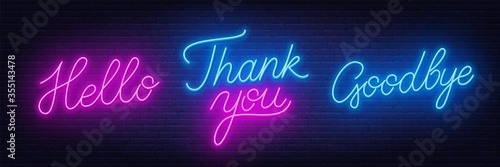 Neon text thank you, hello and goodbye. Bright neon signs on the brick wall. Vector illustration