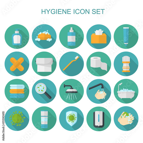 Collection of hygiene related flat icons with long shadow. Bundle of hygiene illustration. Vector.