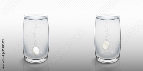 Effervescent soluble tablet in water glass isolated on transparent background. Vector realistic mockup of white fizzy pill with bubbles, dissolving medicine drug, antibiotic or vitamin