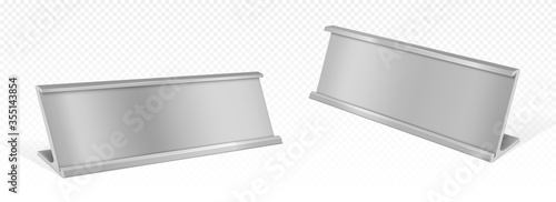 Table name card holder, empty plate mockup. Metal stand for identification tag or badge for events angle view, steel frame for nameplate isolated on transparent background, realistic 3d vector mock up