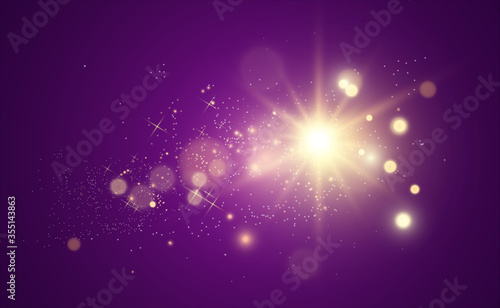 Beautiful golden vector illustration of a star on a translucent background with gold dust and glitters. A magnificent light base for your design.
